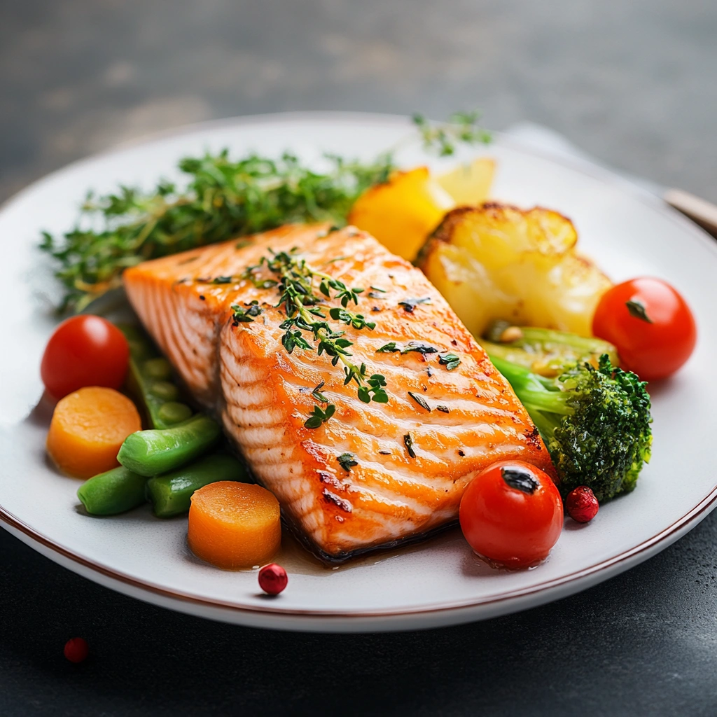Обід з лососем та овочевим гарніром